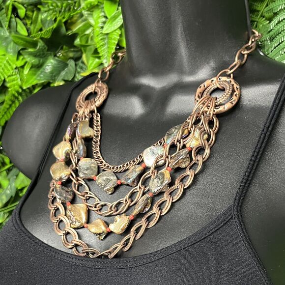 Necklace Women Fashion Copper Tone Layered MultiStrand Rock Charm Statement 2129 - Picture 2 of 8